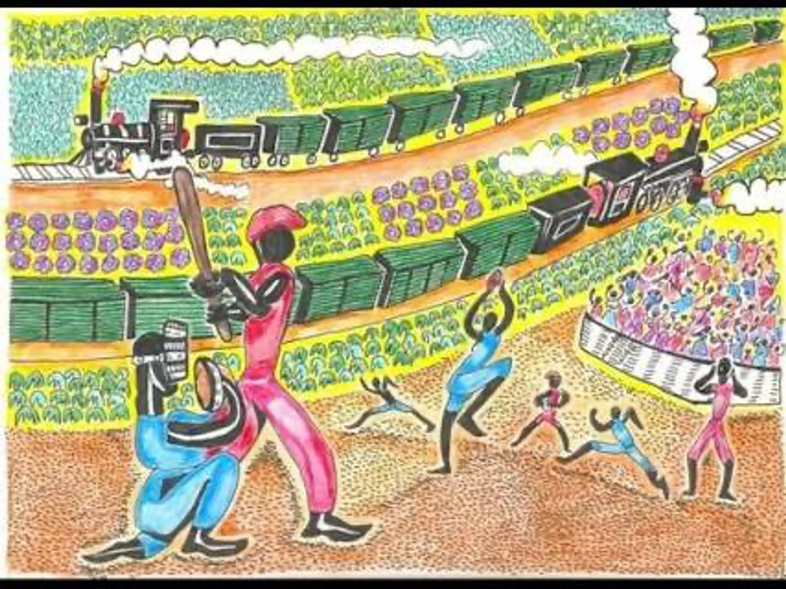Escena de béisbol en el paisaje ferroviario y cañero de Consuelo.